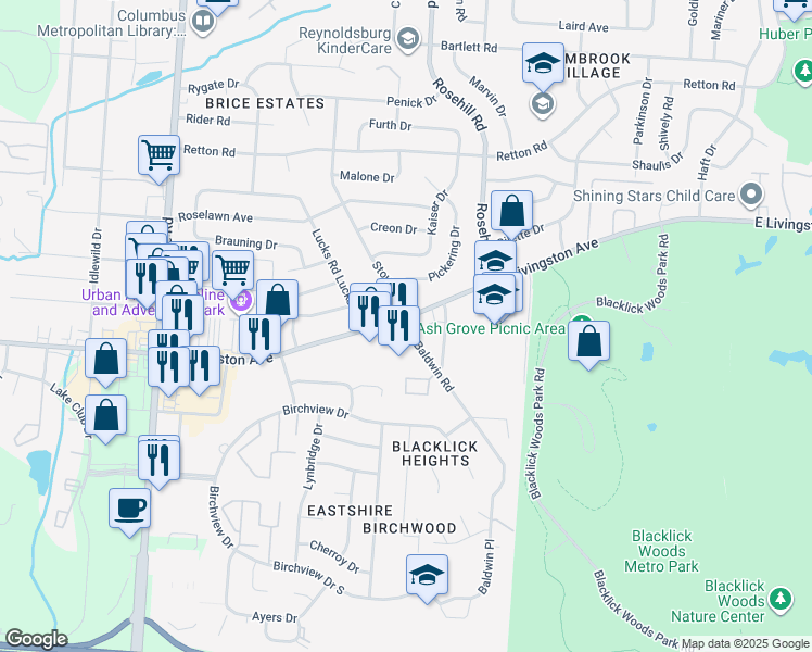map of restaurants, bars, coffee shops, grocery stores, and more near 1850 Stouder Drive in Reynoldsburg