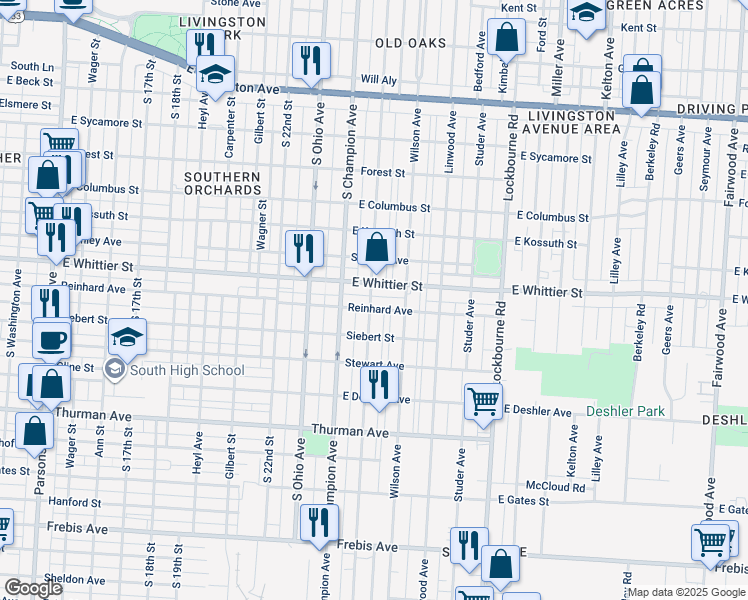 map of restaurants, bars, coffee shops, grocery stores, and more near in Columbus