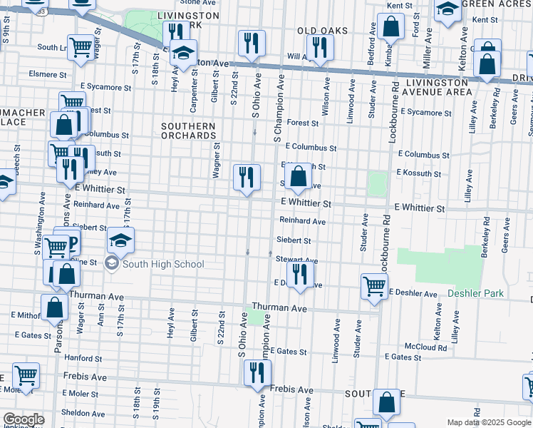 map of restaurants, bars, coffee shops, grocery stores, and more near 955 East Whittier Street in Columbus