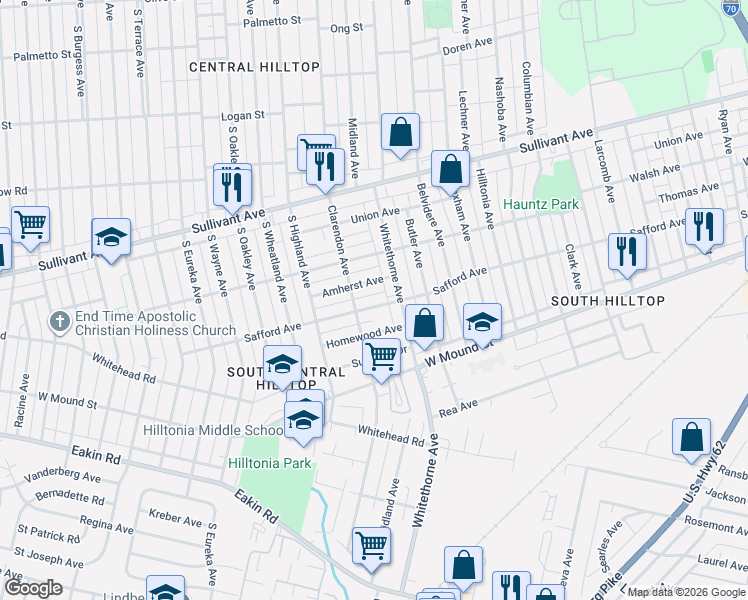 map of restaurants, bars, coffee shops, grocery stores, and more near 2169 Amherst Avenue in Columbus