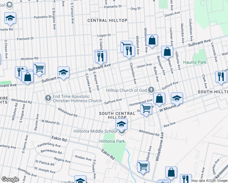 map of restaurants, bars, coffee shops, grocery stores, and more near 581 South Wheatland Avenue in Columbus