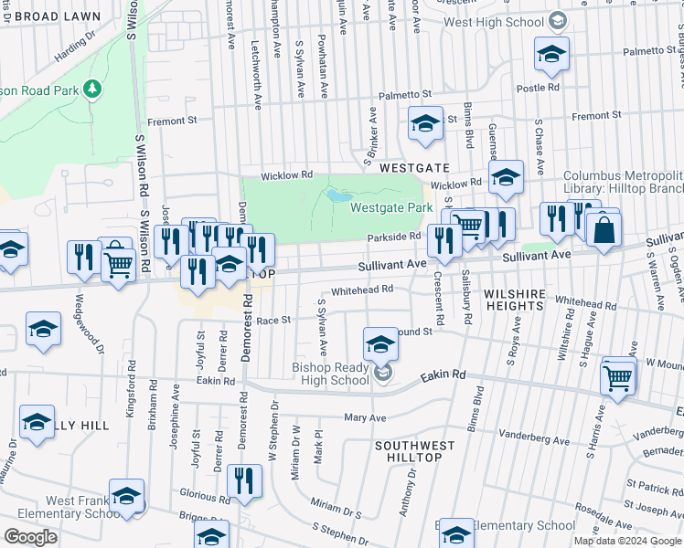 map of restaurants, bars, coffee shops, grocery stores, and more near 3240 Sullivant Avenue in Columbus