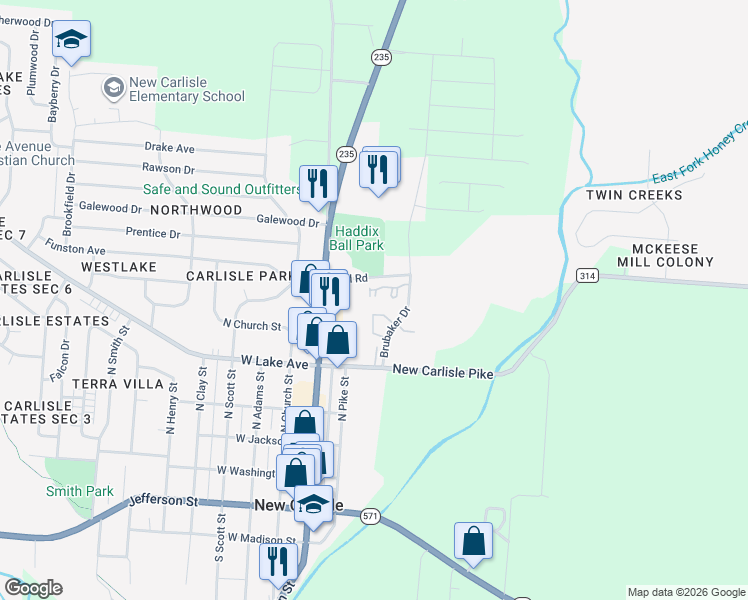 map of restaurants, bars, coffee shops, grocery stores, and more near 250-298 Mill Rd in New Carlisle