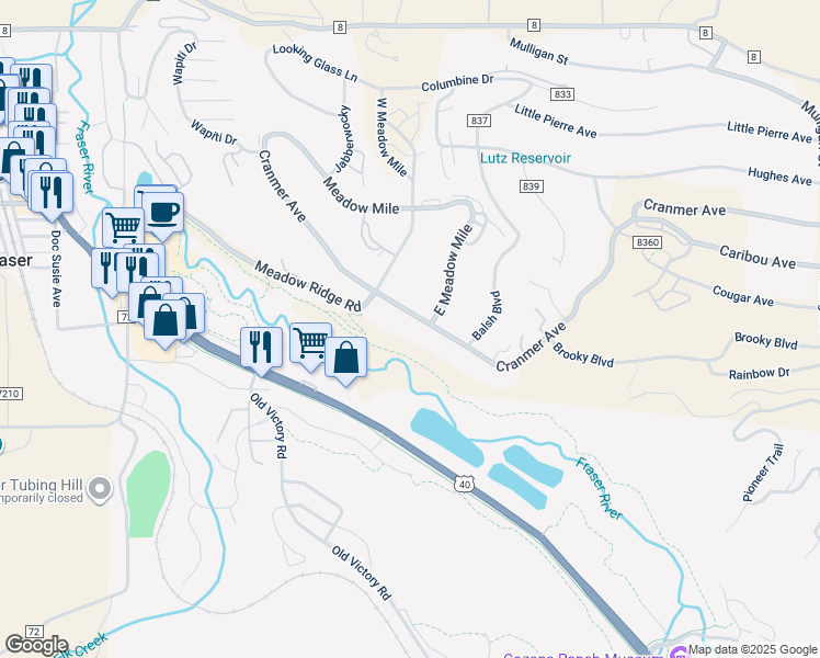 map of restaurants, bars, coffee shops, grocery stores, and more near 478 Cramner Avenue in Fraser