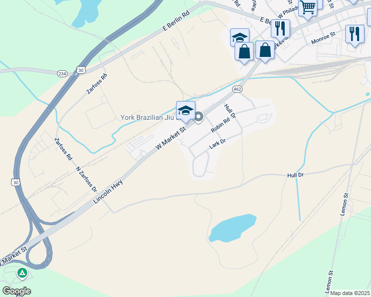 map of restaurants, bars, coffee shops, grocery stores, and more near 90 Finch Drive in York