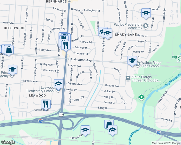 map of restaurants, bars, coffee shops, grocery stores, and more near 1560 Baxter Drive in Columbus