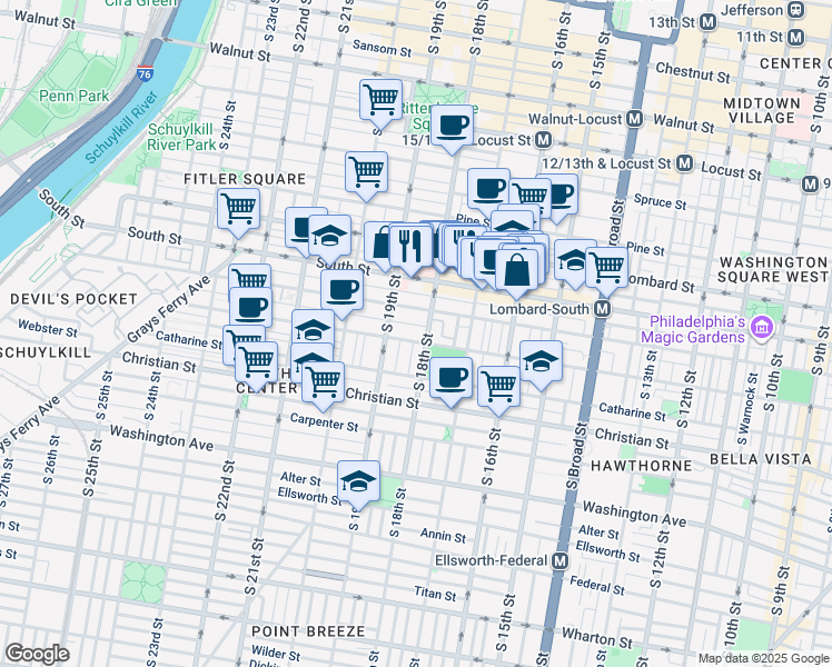 map of restaurants, bars, coffee shops, grocery stores, and more near 1811 Fitzwater Street in Philadelphia