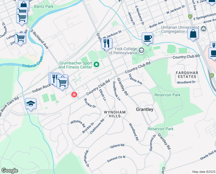 map of restaurants, bars, coffee shops, grocery stores, and more near 1011 Wyndham Drive in York