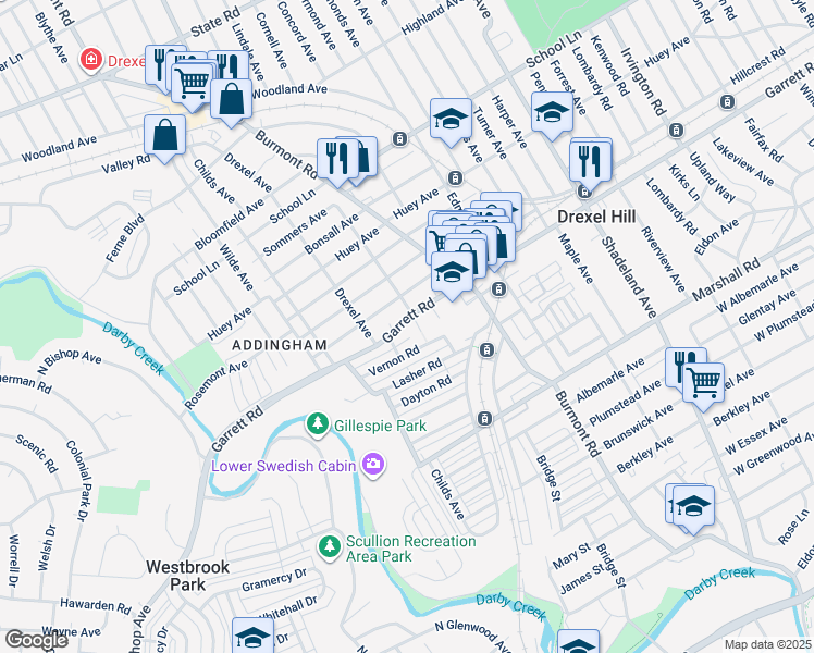 map of restaurants, bars, coffee shops, grocery stores, and more near 4006 Garrett Road in Upper Darby