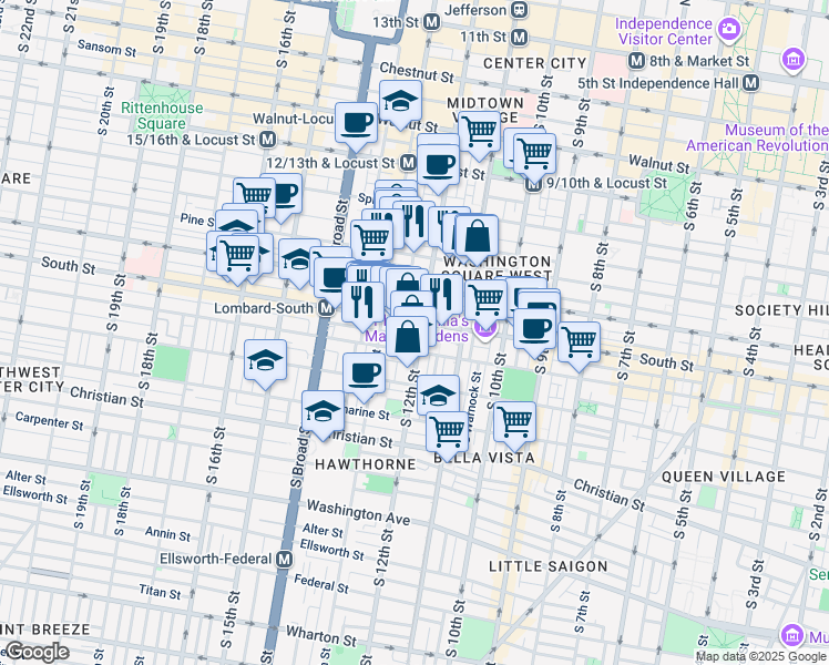 map of restaurants, bars, coffee shops, grocery stores, and more near 1205 Kater Street in Philadelphia