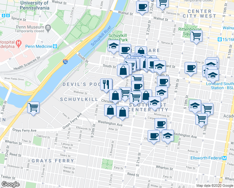 map of restaurants, bars, coffee shops, grocery stores, and more near 2335 Catharine Street in Philadelphia
