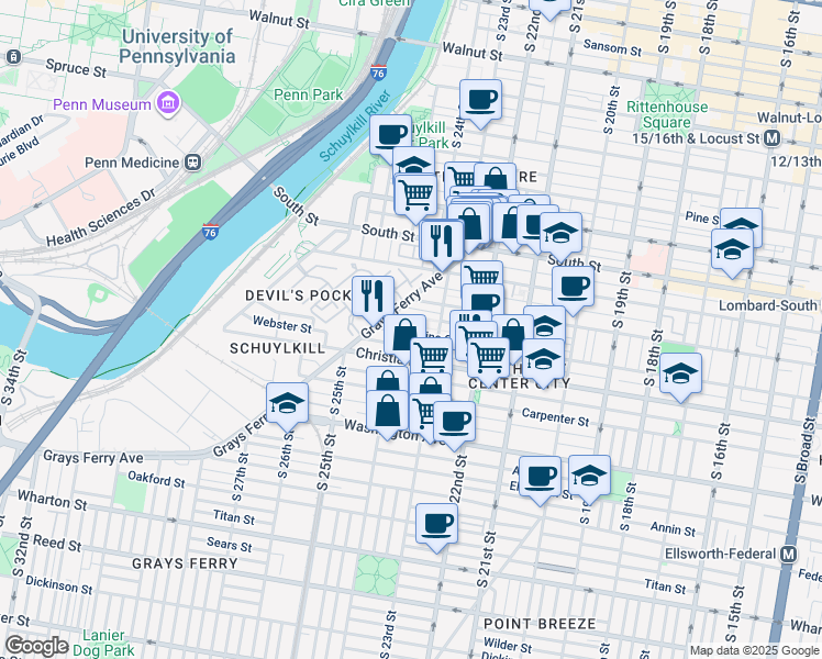 map of restaurants, bars, coffee shops, grocery stores, and more near 2335 Catharine Street in Philadelphia