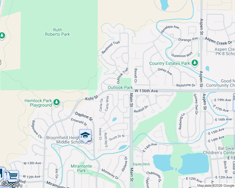 map of restaurants, bars, coffee shops, grocery stores, and more near 2000 Outlook Trail in Broomfield
