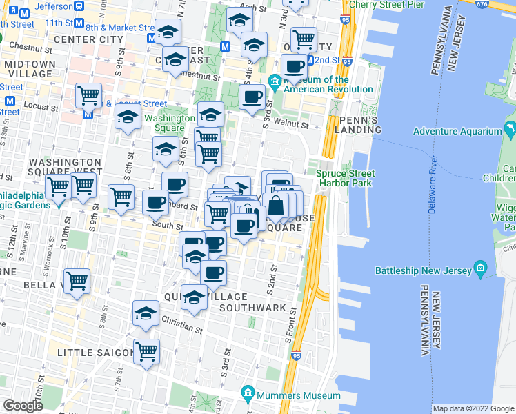 map of restaurants, bars, coffee shops, grocery stores, and more near 411 South 3rd Street in Philadelphia