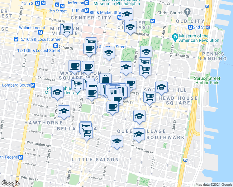 map of restaurants, bars, coffee shops, grocery stores, and more near 510 South 7th Street in Philadelphia