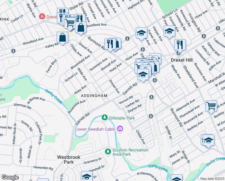 map of restaurants, bars, coffee shops, grocery stores, and more near 4028 Rosemont Avenue in Drexel Hill