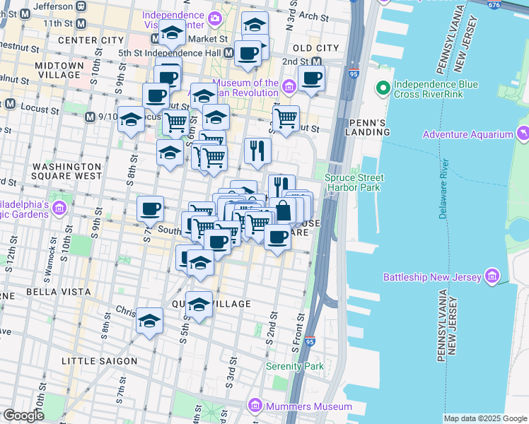 map of restaurants, bars, coffee shops, grocery stores, and more near 411 South 3rd Street in Philadelphia