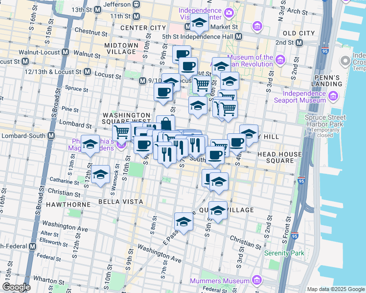 map of restaurants, bars, coffee shops, grocery stores, and more near 510 South 7th Street in Philadelphia