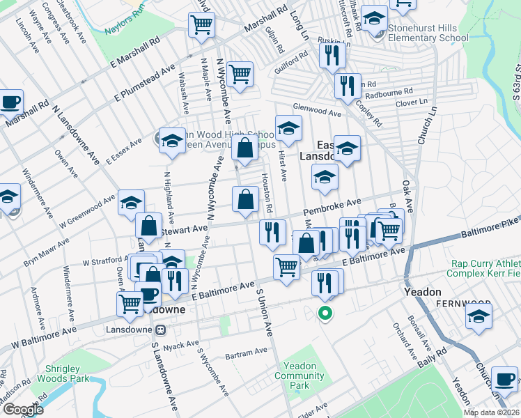 map of restaurants, bars, coffee shops, grocery stores, and more near 26 Lamport Road in Delaware County