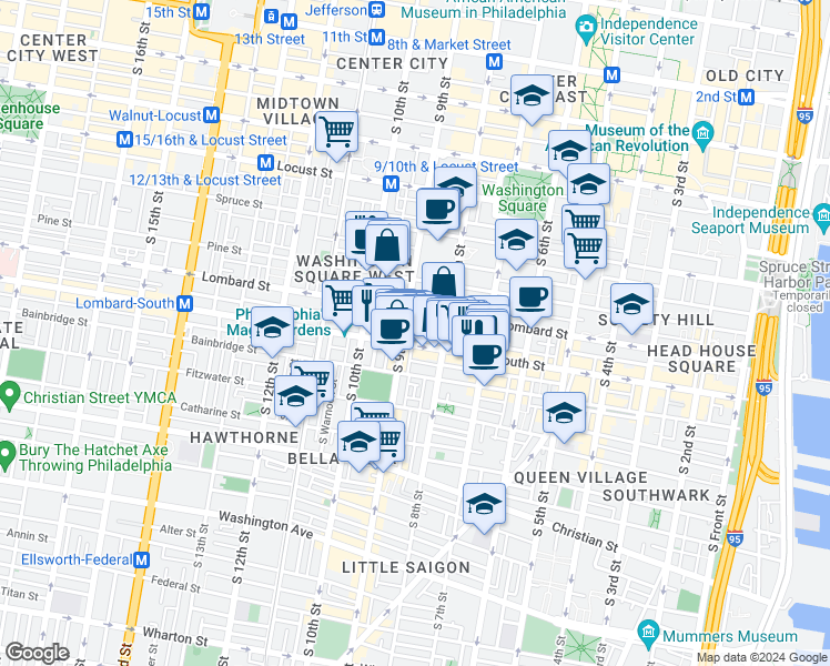 map of restaurants, bars, coffee shops, grocery stores, and more near 517 South 9th Street in Philadelphia