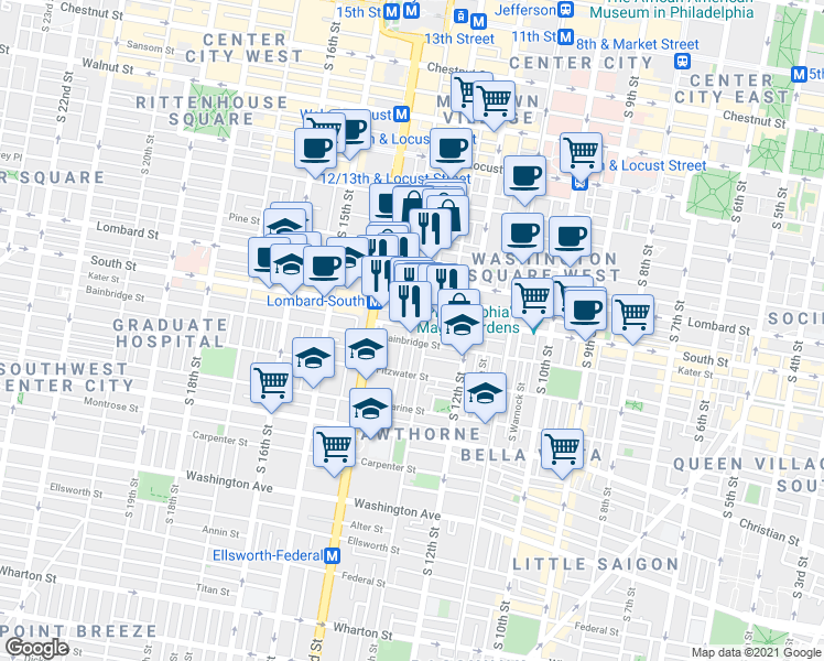 map of restaurants, bars, coffee shops, grocery stores, and more near 615 South Clarion Street in Philadelphia