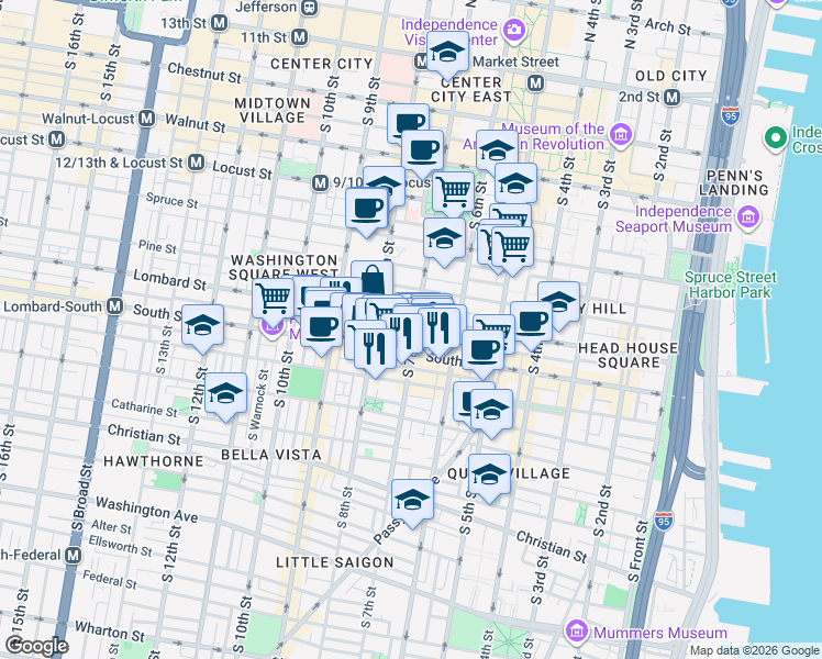map of restaurants, bars, coffee shops, grocery stores, and more near 725 Lombard Street in Philadelphia