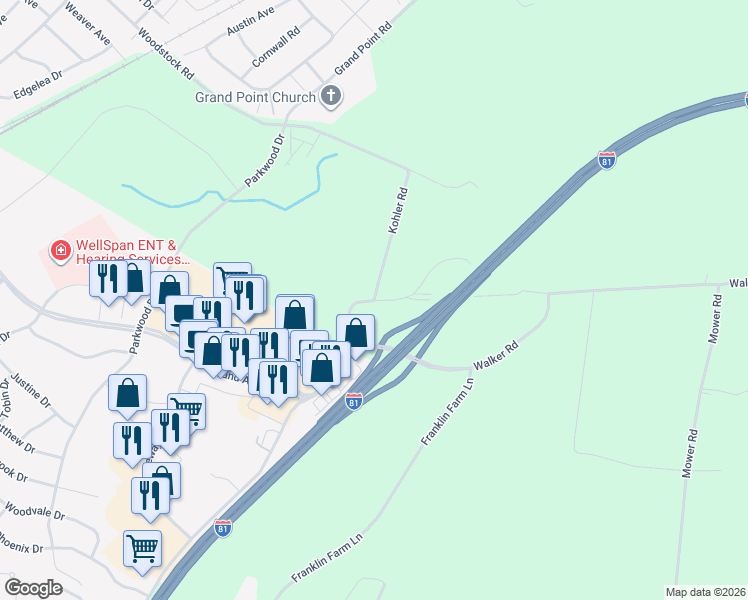 map of restaurants, bars, coffee shops, grocery stores, and more near 500 Kohler Road in Chambersburg