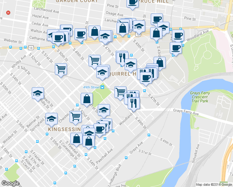 map of restaurants, bars, coffee shops, grocery stores, and more near 1213 South 49th Street in Philadelphia