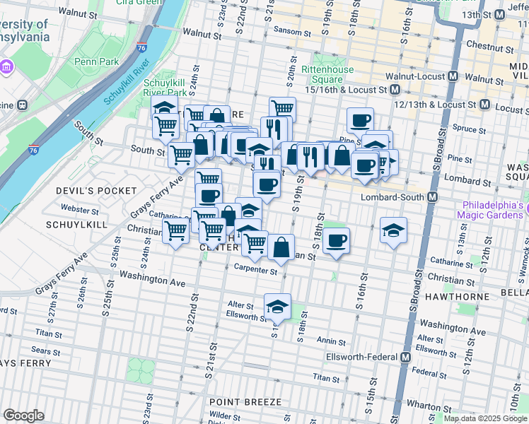 map of restaurants, bars, coffee shops, grocery stores, and more near 724 South 20th Street in Philadelphia