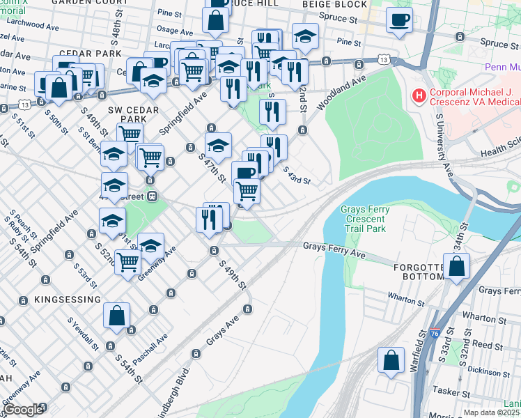 map of restaurants, bars, coffee shops, grocery stores, and more near 1340 South May Street in Philadelphia