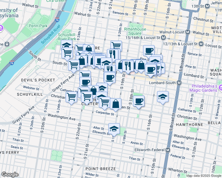 map of restaurants, bars, coffee shops, grocery stores, and more near 739 South 20th Street in Philadelphia