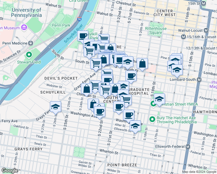 map of restaurants, bars, coffee shops, grocery stores, and more near 753 South 22nd Street in Philadelphia