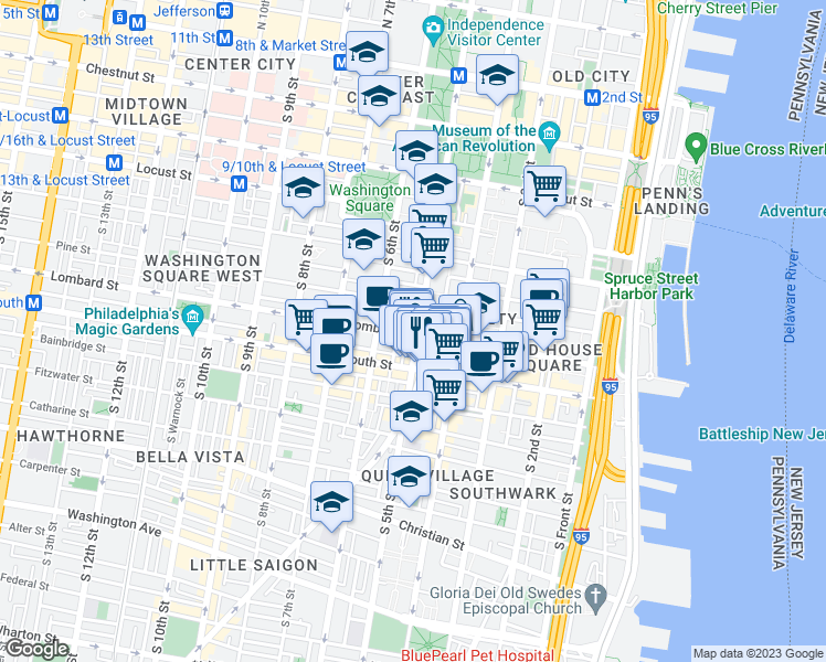 map of restaurants, bars, coffee shops, grocery stores, and more near 501 Lombard Street in Philadelphia