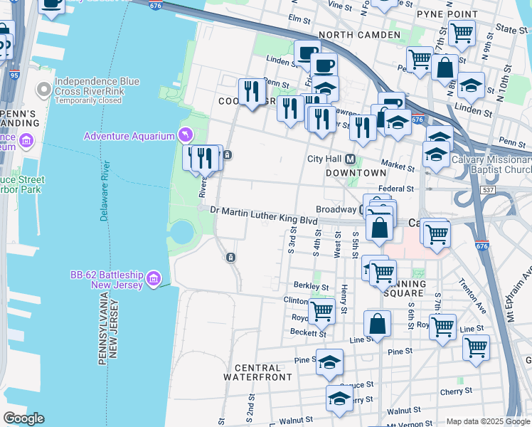map of restaurants, bars, coffee shops, grocery stores, and more near 169 Doctor Martin Luther King Boulevard in Camden