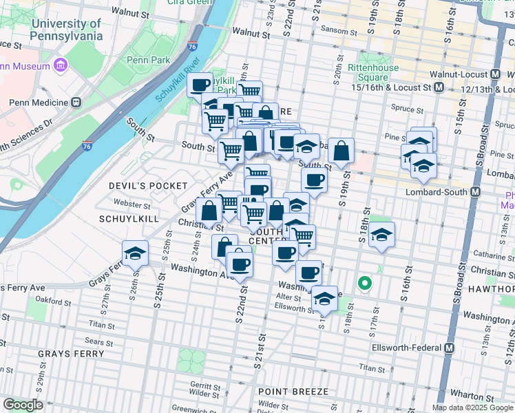 map of restaurants, bars, coffee shops, grocery stores, and more near S 22nd St & St Albans St in Philadelphia