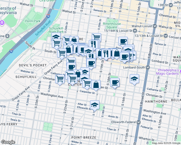 map of restaurants, bars, coffee shops, grocery stores, and more near 724 South 20th Street in Philadelphia