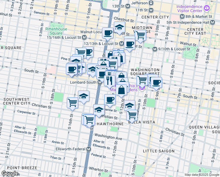 map of restaurants, bars, coffee shops, grocery stores, and more near 615 South Clarion Street in Philadelphia