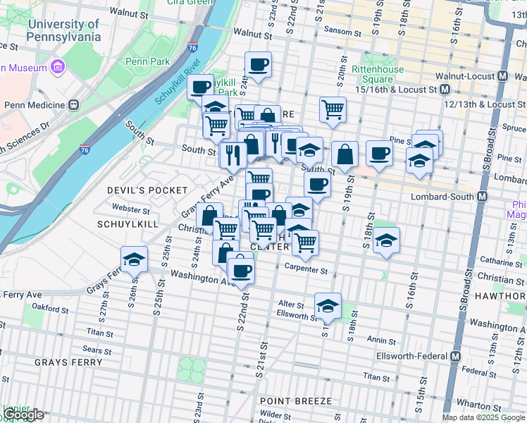 map of restaurants, bars, coffee shops, grocery stores, and more near 753 South 22nd Street in Philadelphia