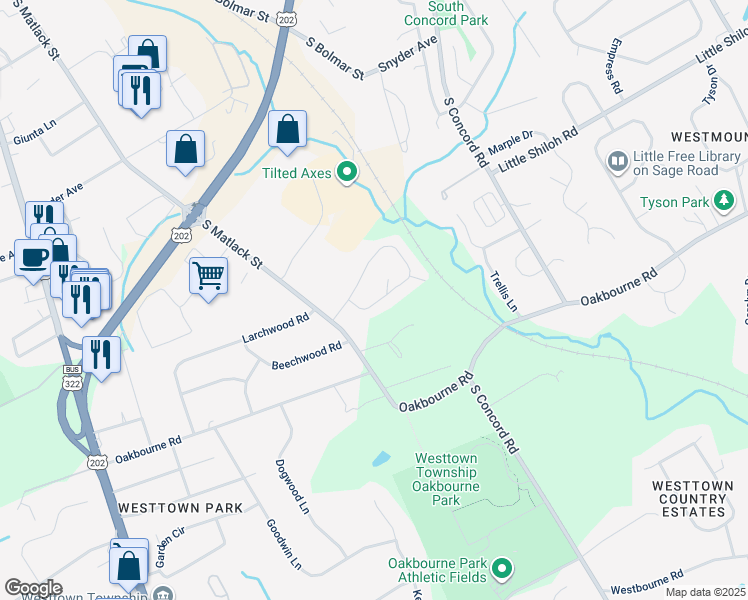map of restaurants, bars, coffee shops, grocery stores, and more near 1571 South Coventry Lane in West Chester