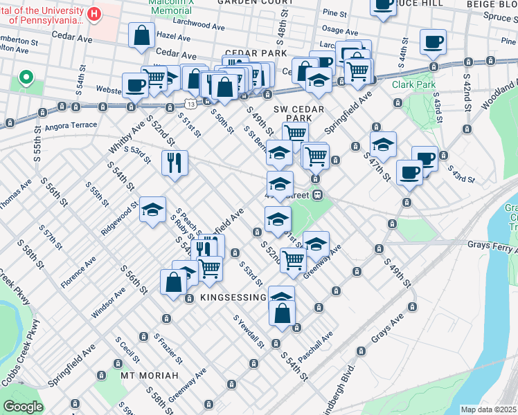 map of restaurants, bars, coffee shops, grocery stores, and more near 1116 South 51st Street in Philadelphia