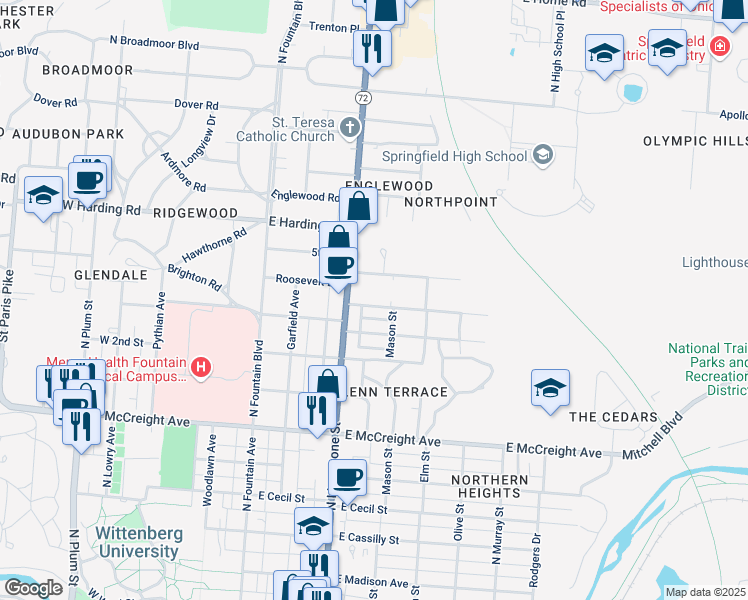map of restaurants, bars, coffee shops, grocery stores, and more near 1610 North Limestone Street in Springfield