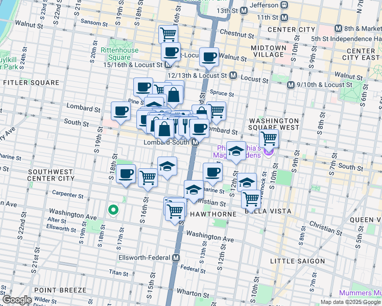 map of restaurants, bars, coffee shops, grocery stores, and more near 626 South Broad Street in Philadelphia