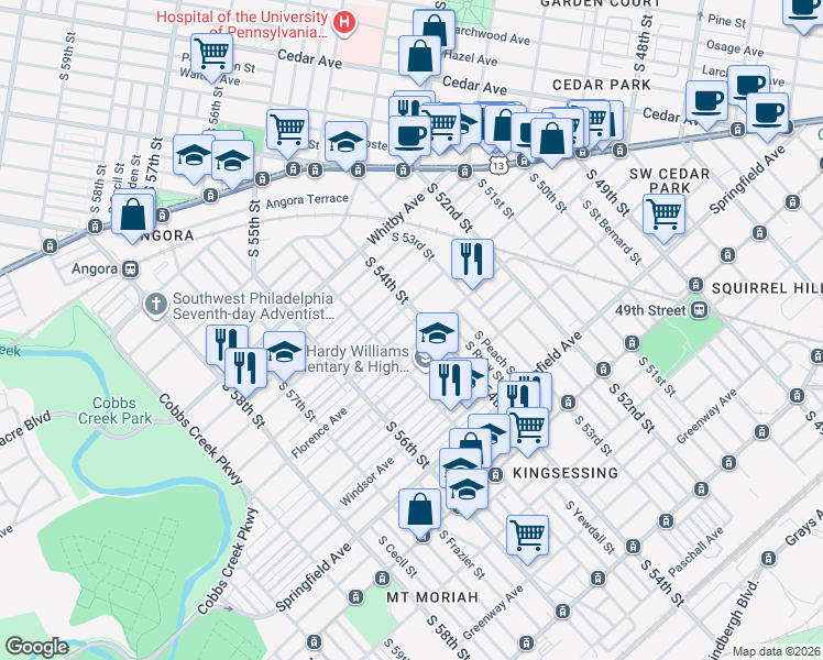 map of restaurants, bars, coffee shops, grocery stores, and more near 5407 Pentridge Street in Philadelphia