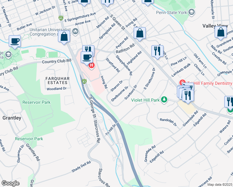 map of restaurants, bars, coffee shops, grocery stores, and more near 121 Shelbourne Drive in York