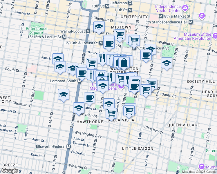 map of restaurants, bars, coffee shops, grocery stores, and more near 1134 South Street in Philadelphia