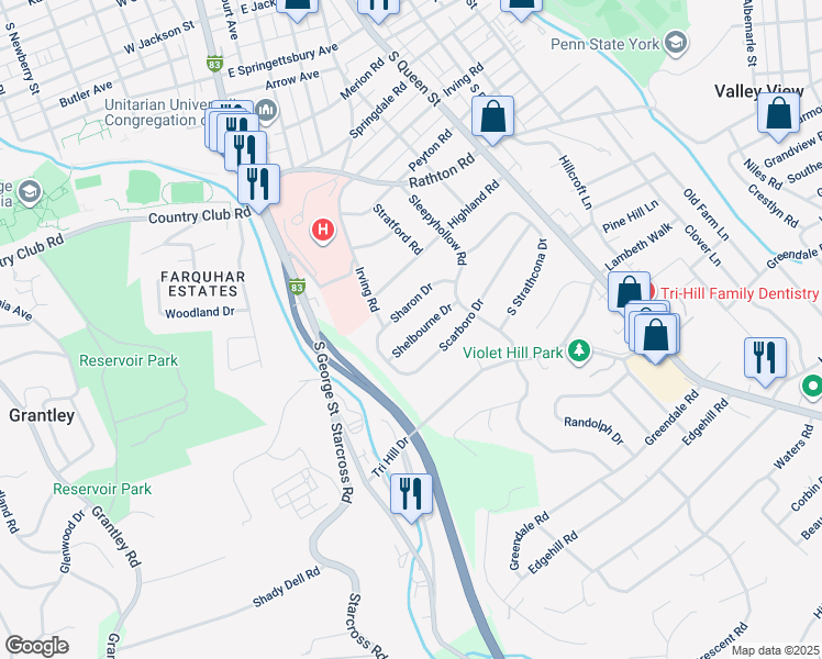 map of restaurants, bars, coffee shops, grocery stores, and more near 121 Shelbourne Drive in York