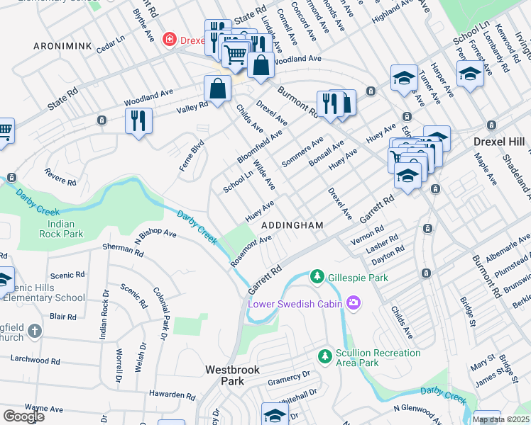 map of restaurants, bars, coffee shops, grocery stores, and more near 4404 Huey Avenue in Drexel Hill