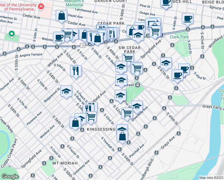map of restaurants, bars, coffee shops, grocery stores, and more near 1116 South 51st Street in Philadelphia