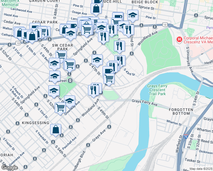 map of restaurants, bars, coffee shops, grocery stores, and more near 4712 Woodland Avenue in Philadelphia