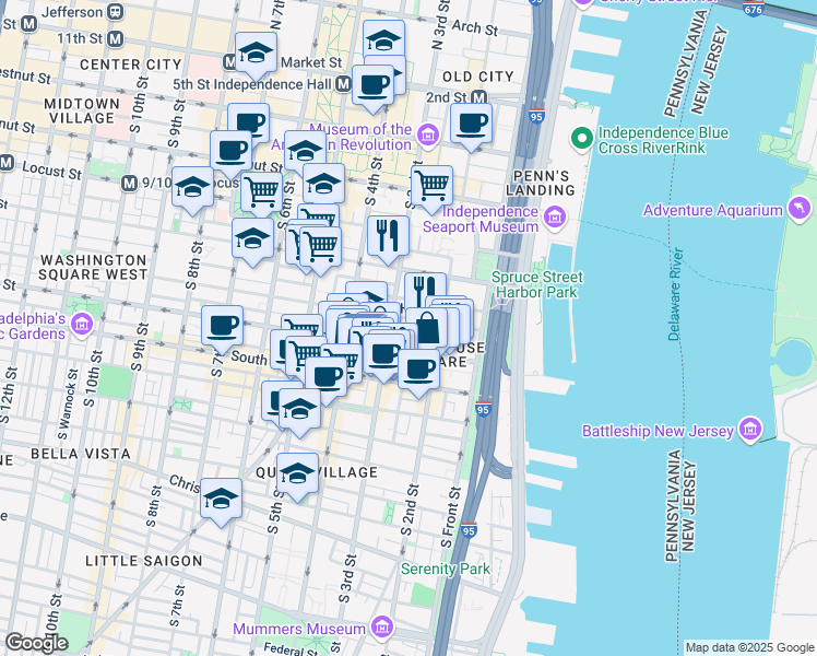 map of restaurants, bars, coffee shops, grocery stores, and more near in Philadelphia